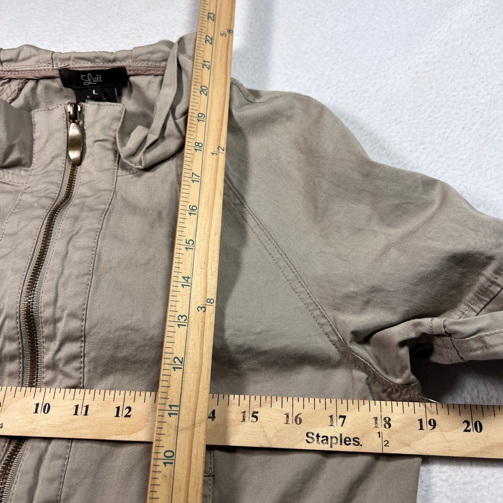 Luii Anthropologie Jacket Womens Large Taupe Beige Ruffle Hem Full Zip Cotton - Picture 8 of 9